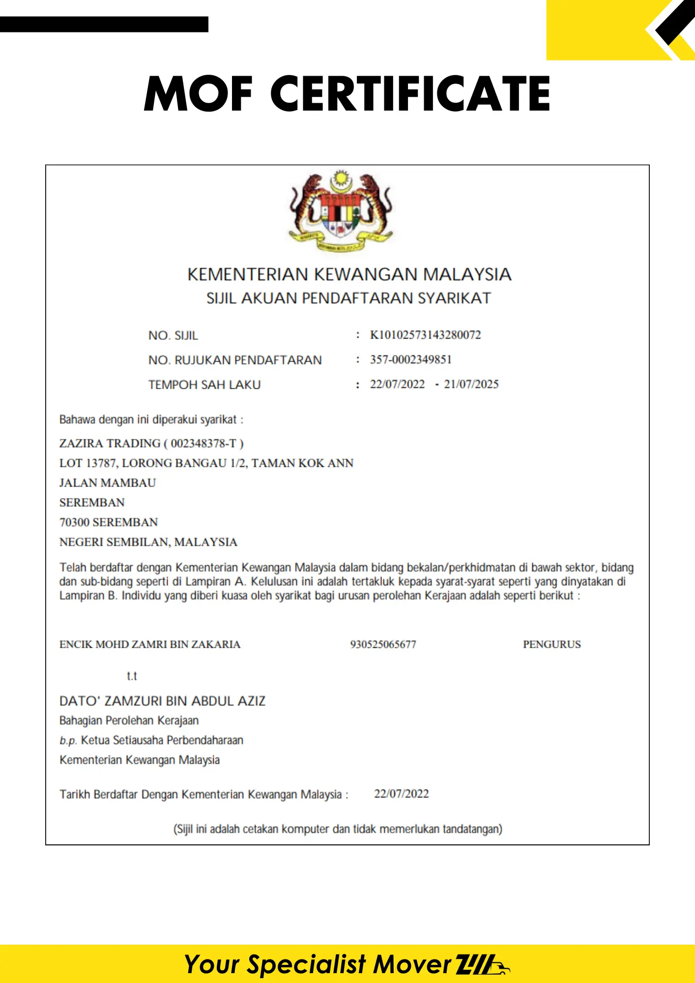 About Us Sijil MOF – Zazira Movers pembekal berdaftar Kementerian Kewangan Malaysia