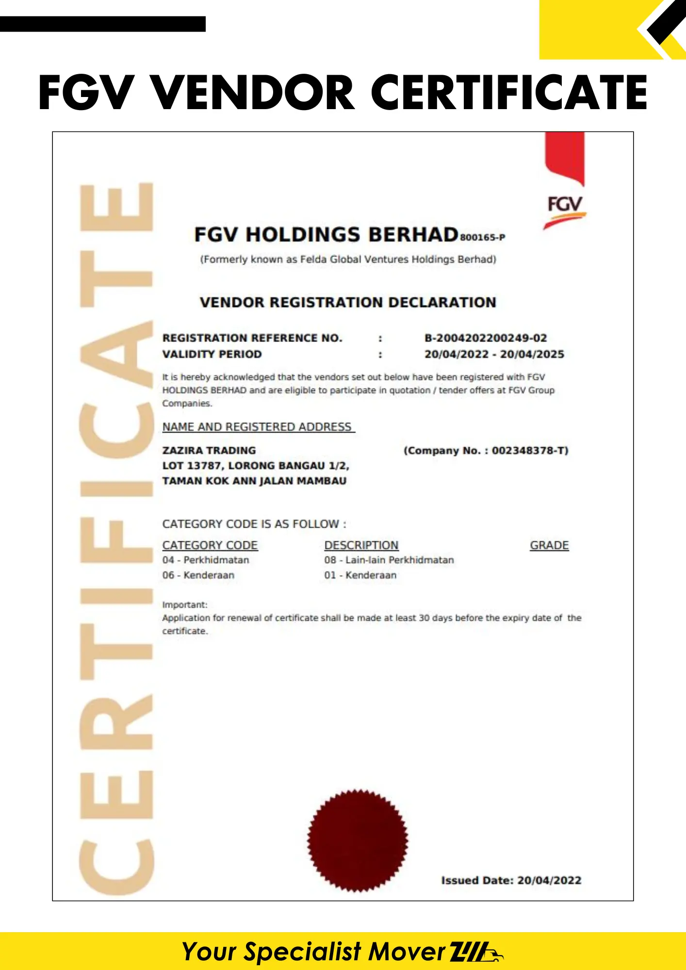 About Us Sijil vendor FGV – Zazira Movers logistik berdaftar Malaysia