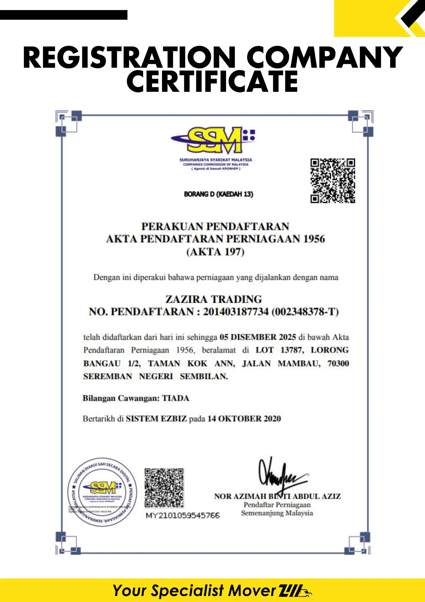 About Us SSM Zazira Trading – syarikat berdaftar servis pindah rumah