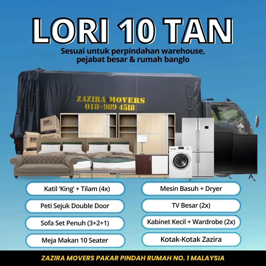 Home Lori sewa 10 ton untuk pindah rumah besar di Melaka, harga berpatutan dan kapasiti maksimum.
