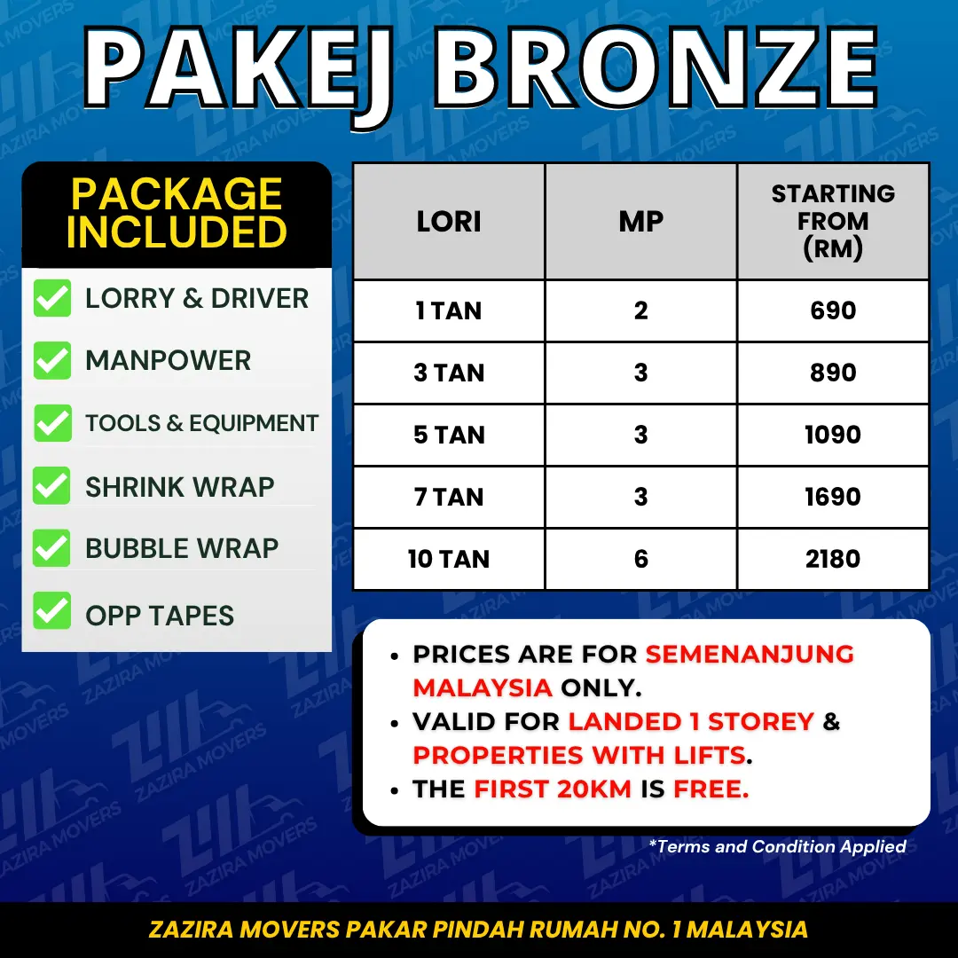 Lori Sewa Melaka Pakej Bronze Zazira Movers untuk servis pindah rumah murah Malaysia