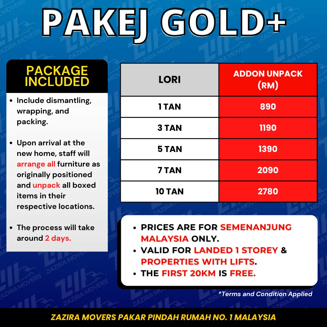Lori Sewa Melaka Pakej Gold+ Zazira Movers untuk servis pindah rumah murah Malaysia
