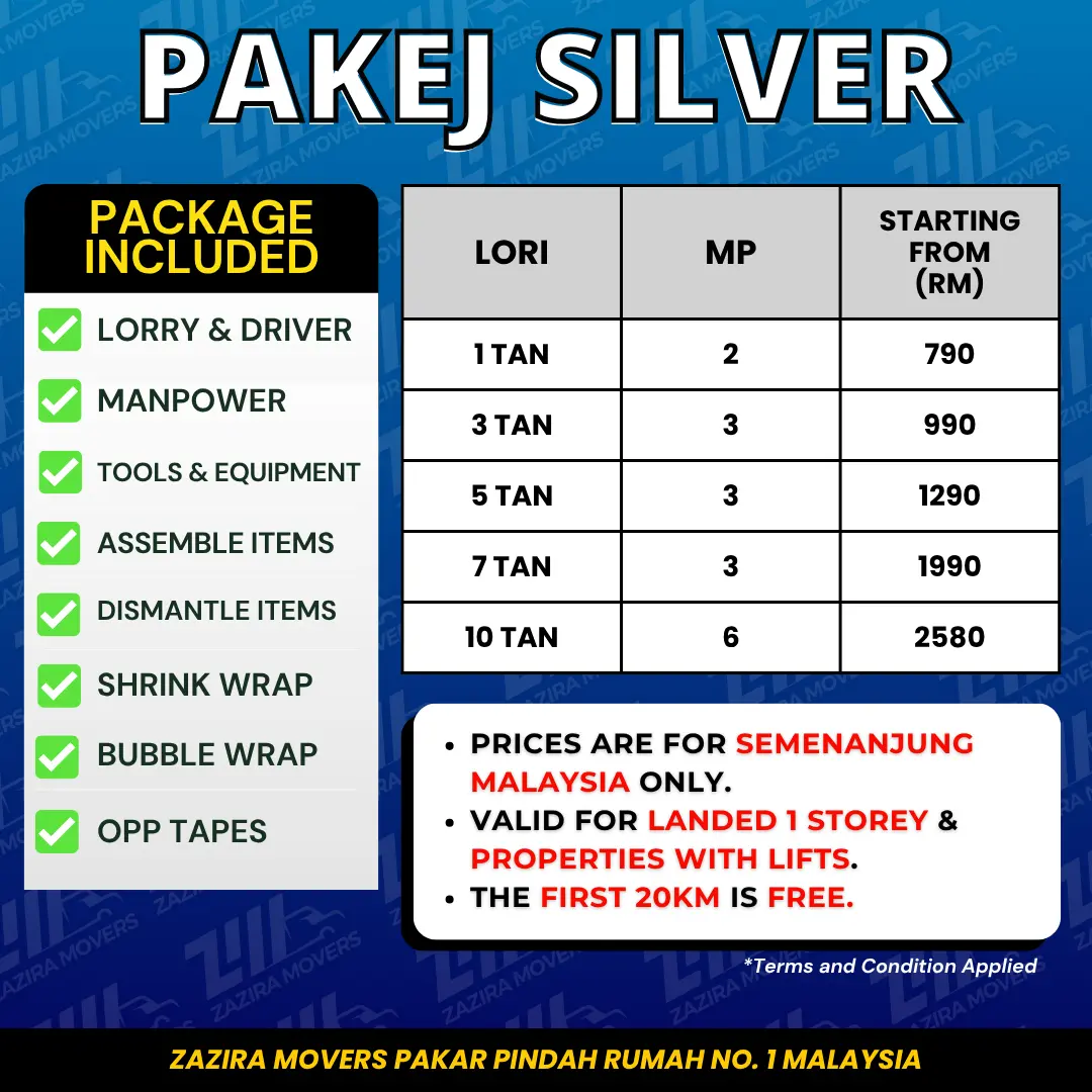 Lori Sewa Melaka Pakej Silver Zazira Movers untuk servis pindah rumah murah Malaysia