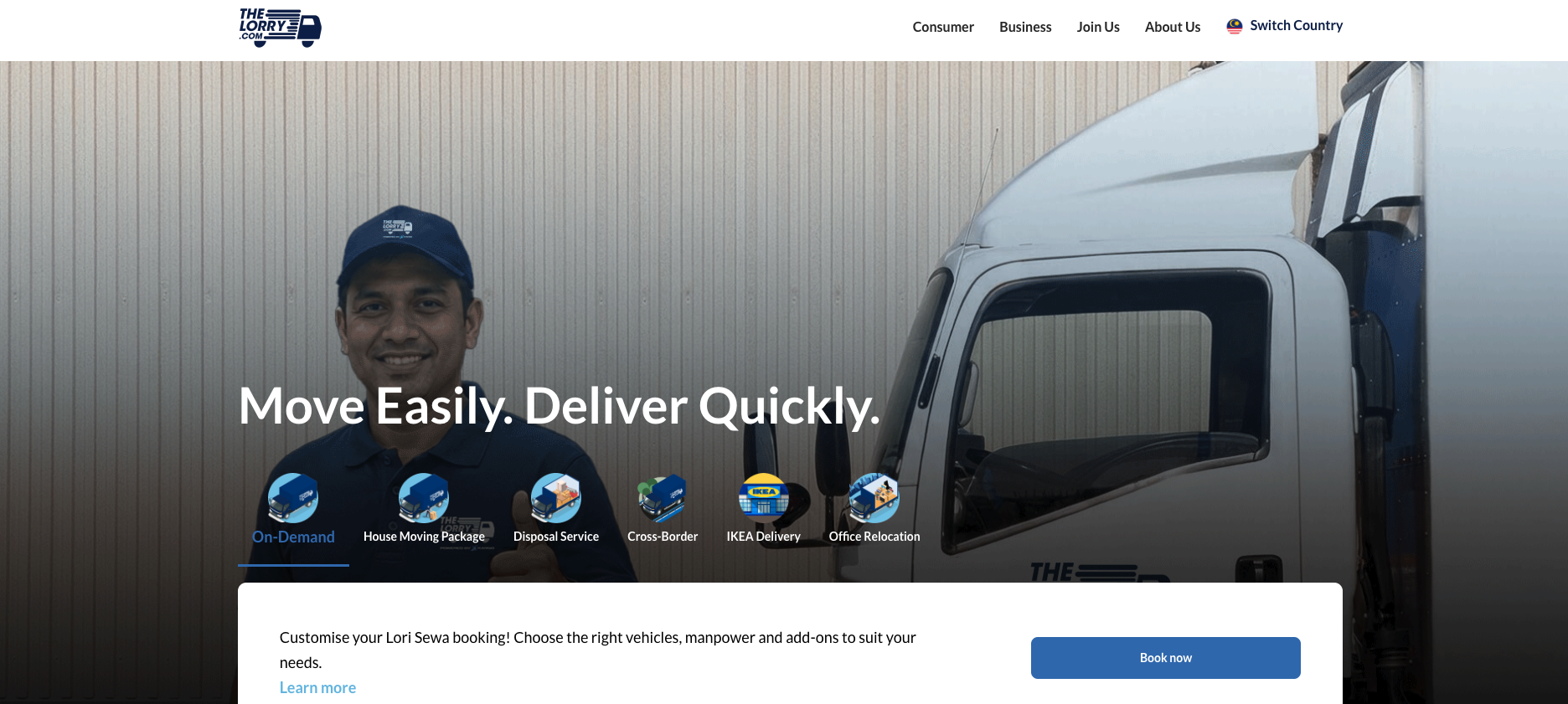 Best Movers in Malaysia 2026: 10 Moving Companies Worth Comparing Before You Book 3 The Lorry official Malaysia website showing lorry, moving and delivery services